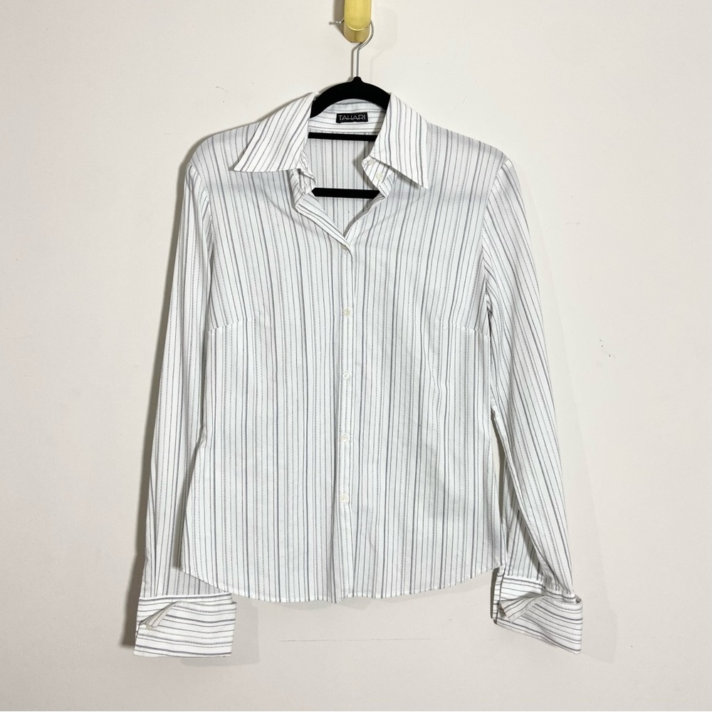 Tahari White Striped Long Sleeve Button Down Shirt